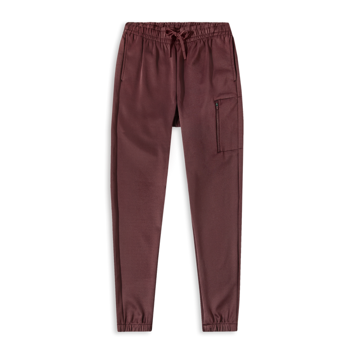 Scuba Jogger Maroon front with thigh zipper pocket and ribbed cuffs