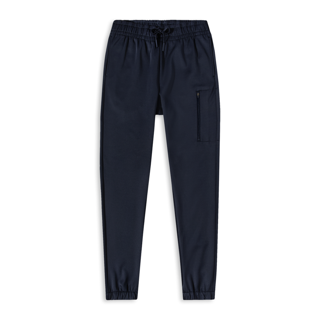 Scuba Jogger Navy front with thigh zipper pocket and ribbed cuffs