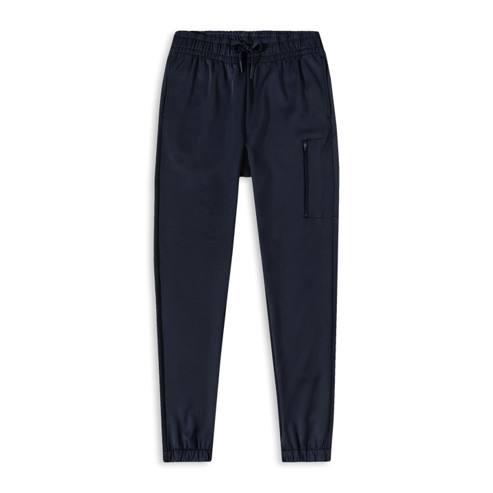 Scuba Jogger Navy front with thigh zipper pocket and ribbed cuffs