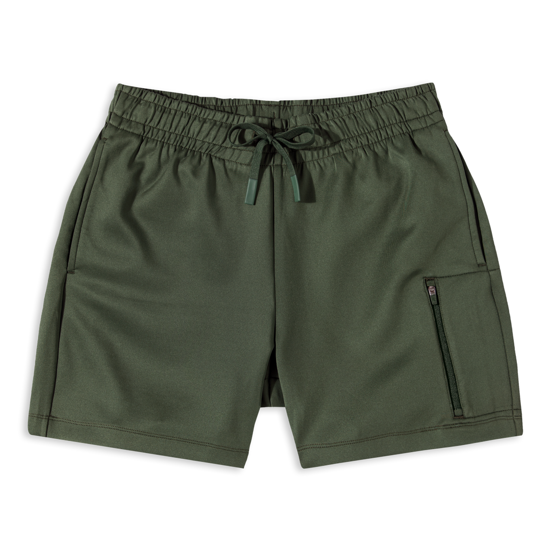 Scuba Short Military Green front with thigh zipper pockets