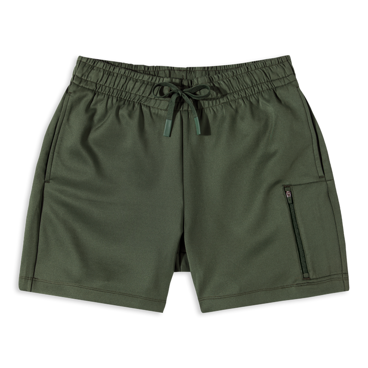 Scuba Short Military Green front with thigh zipper pockets