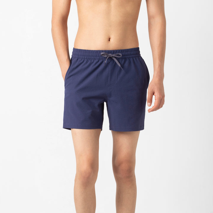 Seersucker Trunk Navy front on model