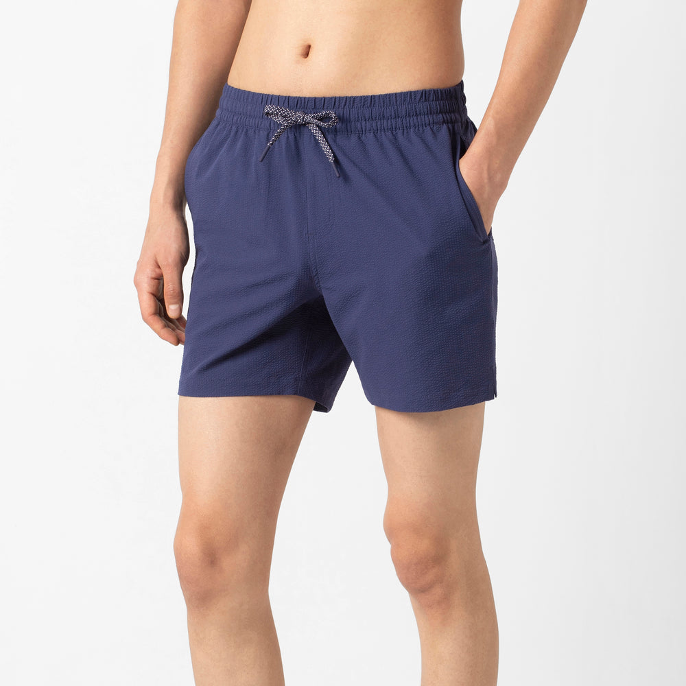 Seersucker Trunk Navy side on model