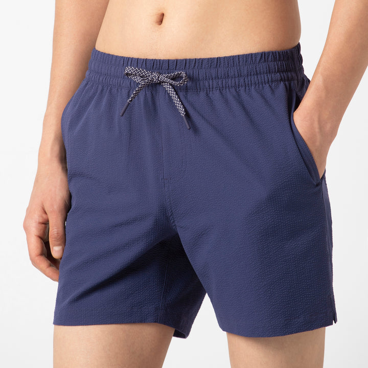 Seersucker Trunk Navy close up on model