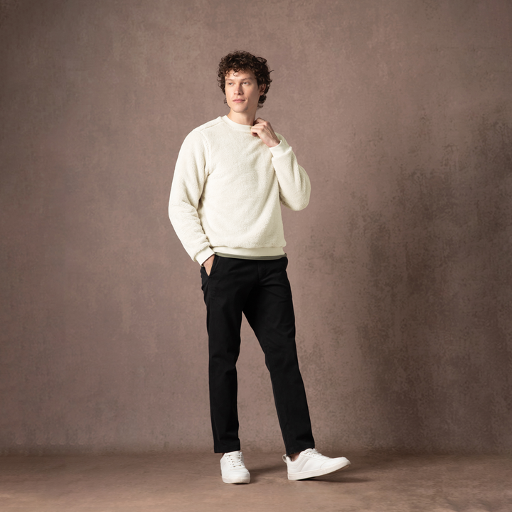 Sherpa Crewneck Bone full body on model on backdrop