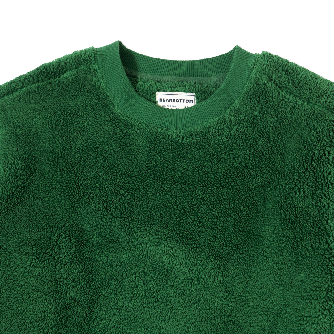 Sherpa Crewneck Duck Green neckline close up flat