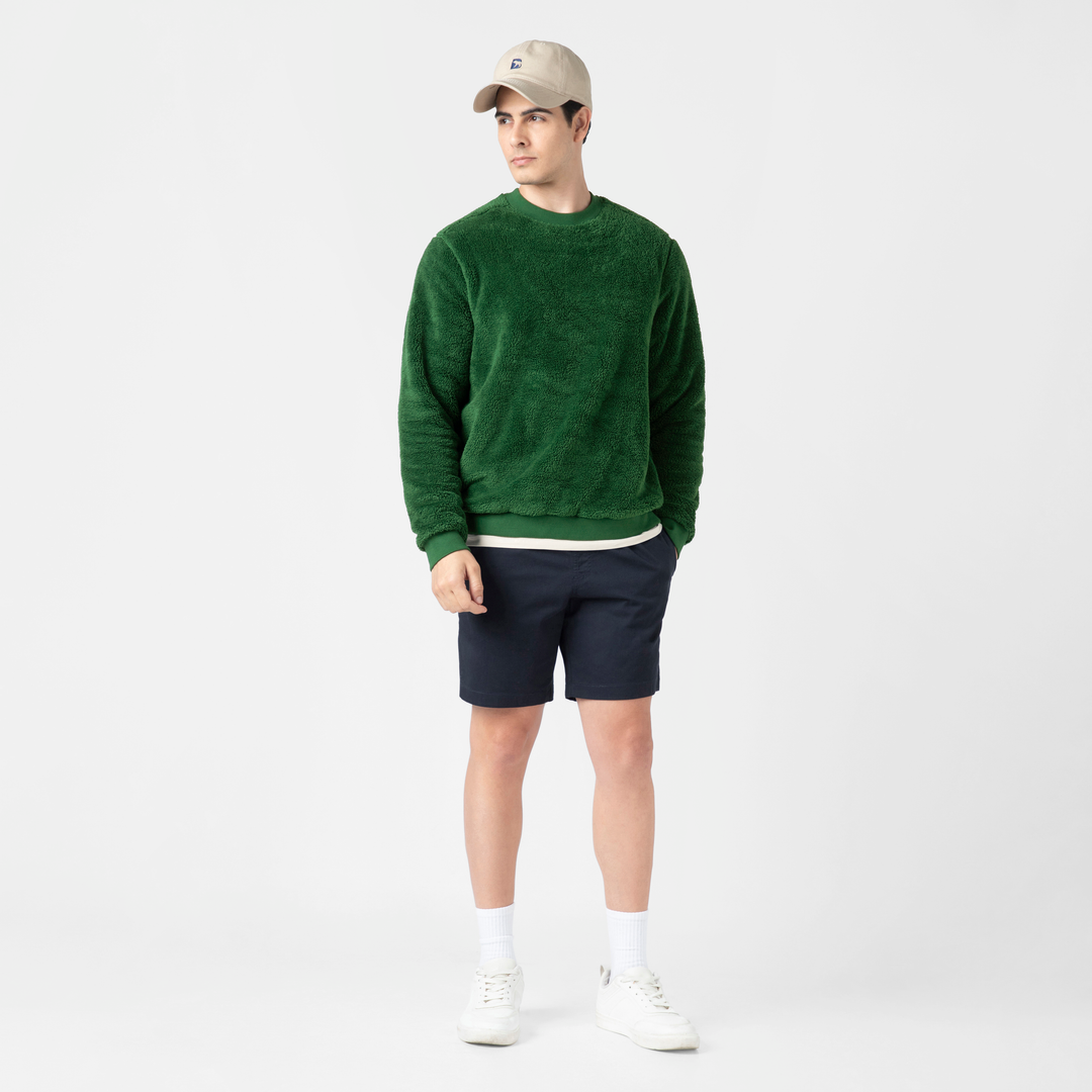 Sherpa Crewneck Duck Green full body on model