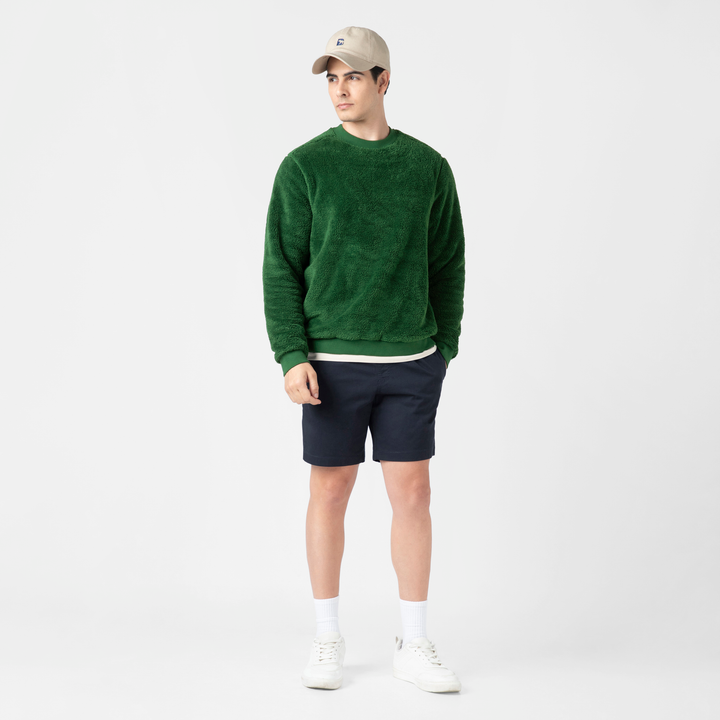 Sherpa Crewneck Duck Green full body on model