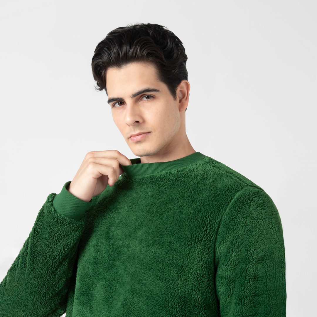Sherpa Crewneck Duck Green upper body on model