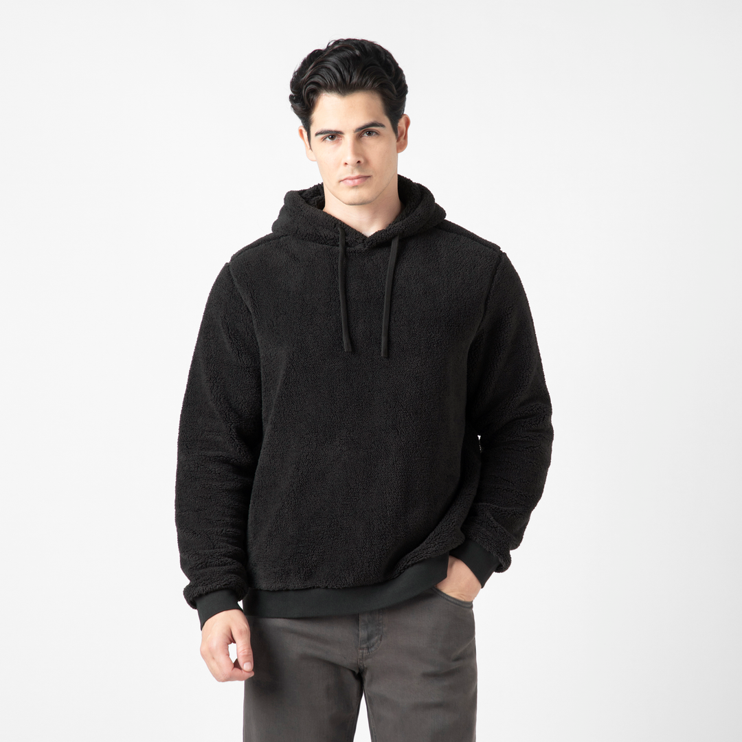 Sherpa Hoodie Black front on model