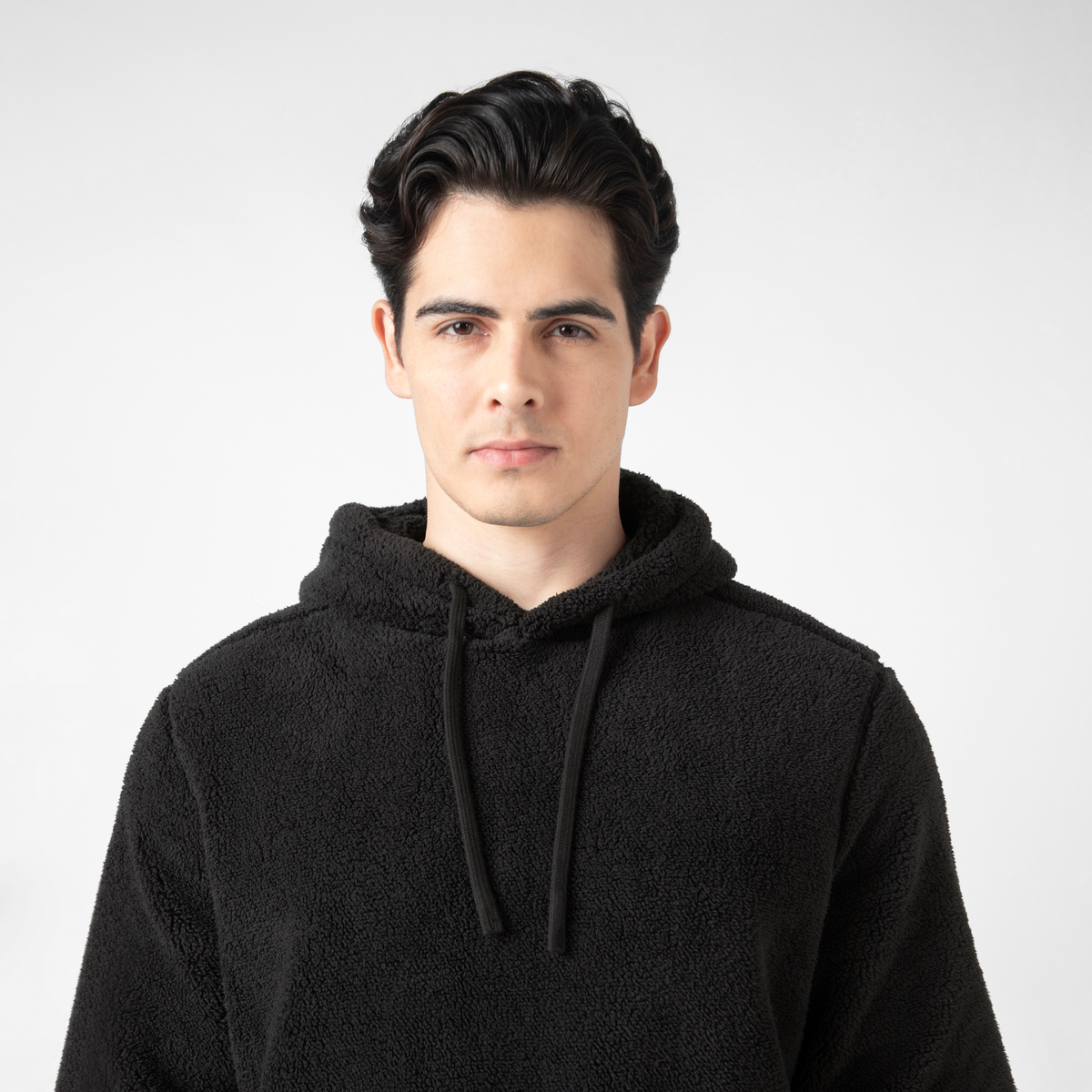 Sherpa Hoodie Black upper body on model