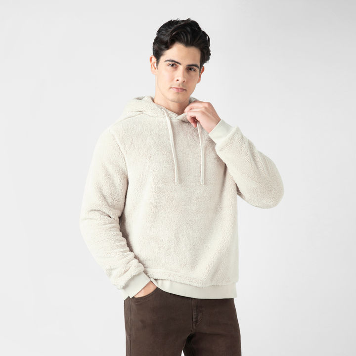 Sherpa Hoodie Bone front on model