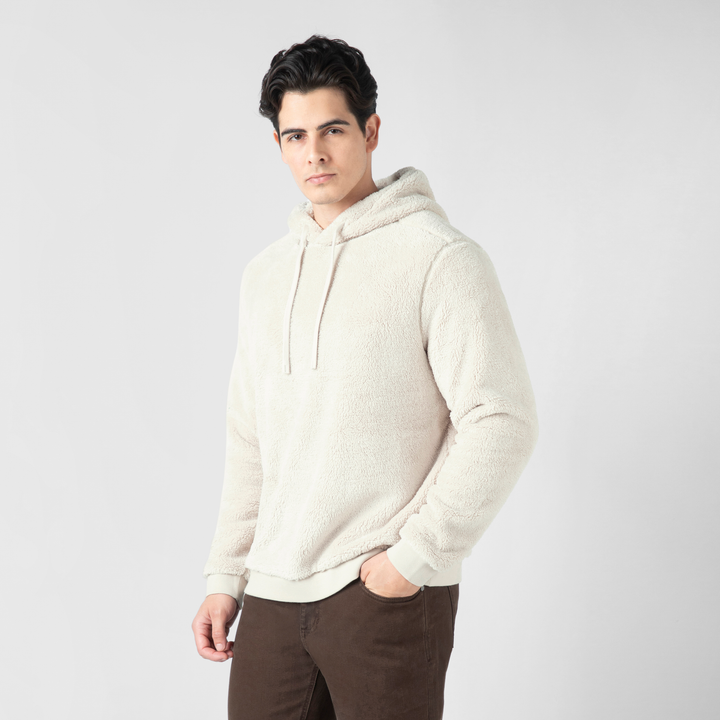 Sherpa Hoodie Bone side on model