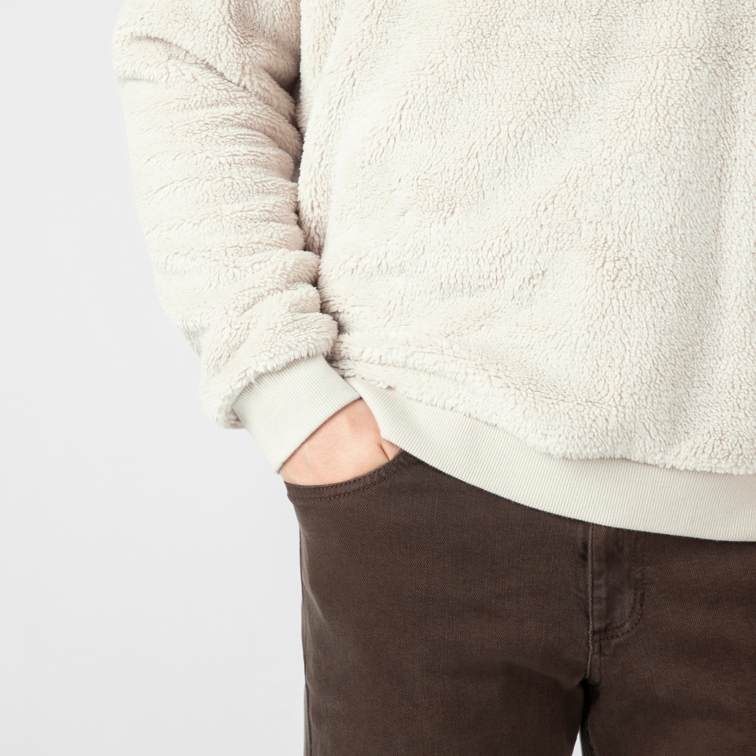 Sherpa Hoodie Bone hem and cuff close up on model
