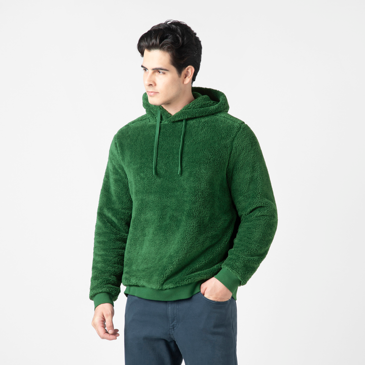 Sherpa Hoodie Duck Green side on model