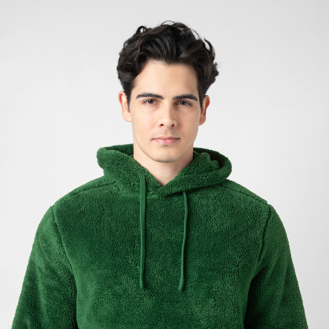 Sherpa Hoodie Duck Green upper body on model