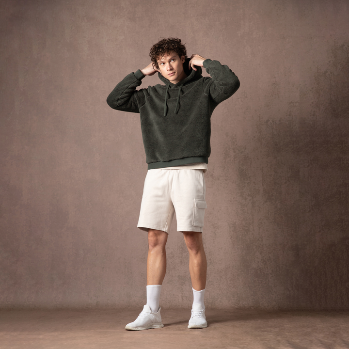 Sherpa Hoodie Shadow full body on model on backdrop