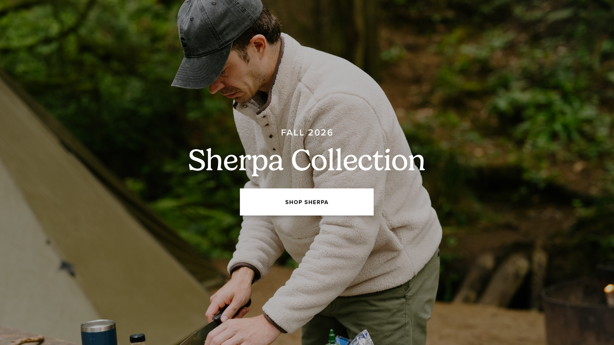 A man wearing the Quarter Snap Sherpa Pullover outdoors, with overlaid text reading 'FALL 2026 Sherpa Collection' and a 'SHOP SHERPA' button.