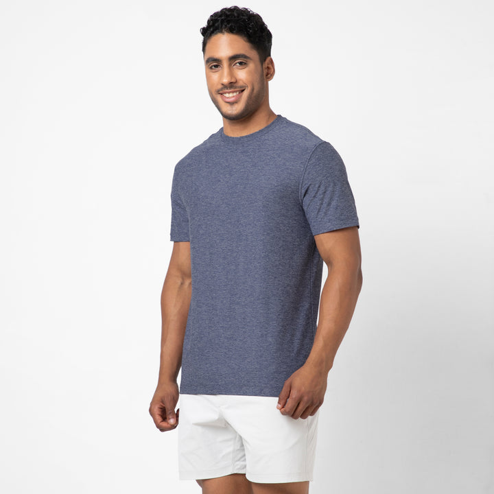 Tech Tee Navy side on model