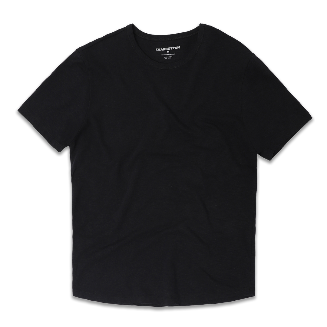 Slub Tee Black front with crewneck, short sleeves, curved bottom hem, and slub fabric