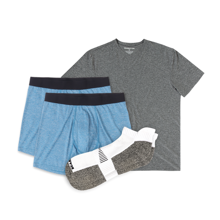 Stocking Stuffer Bundle: 2x Active Boxer Briefs Blue, Short Sleeve Tech Tee Ash, Performance Ankle Sock White