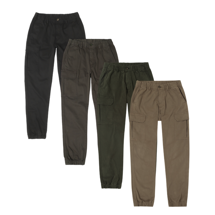 Stretch Cargo Jogger 4 pack in black, dark grey, military green, and desert