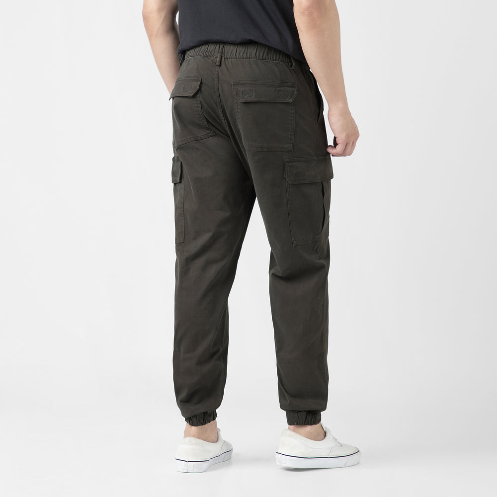 Model back facing wearing Stretch Cargo Joggers in Dark Grey