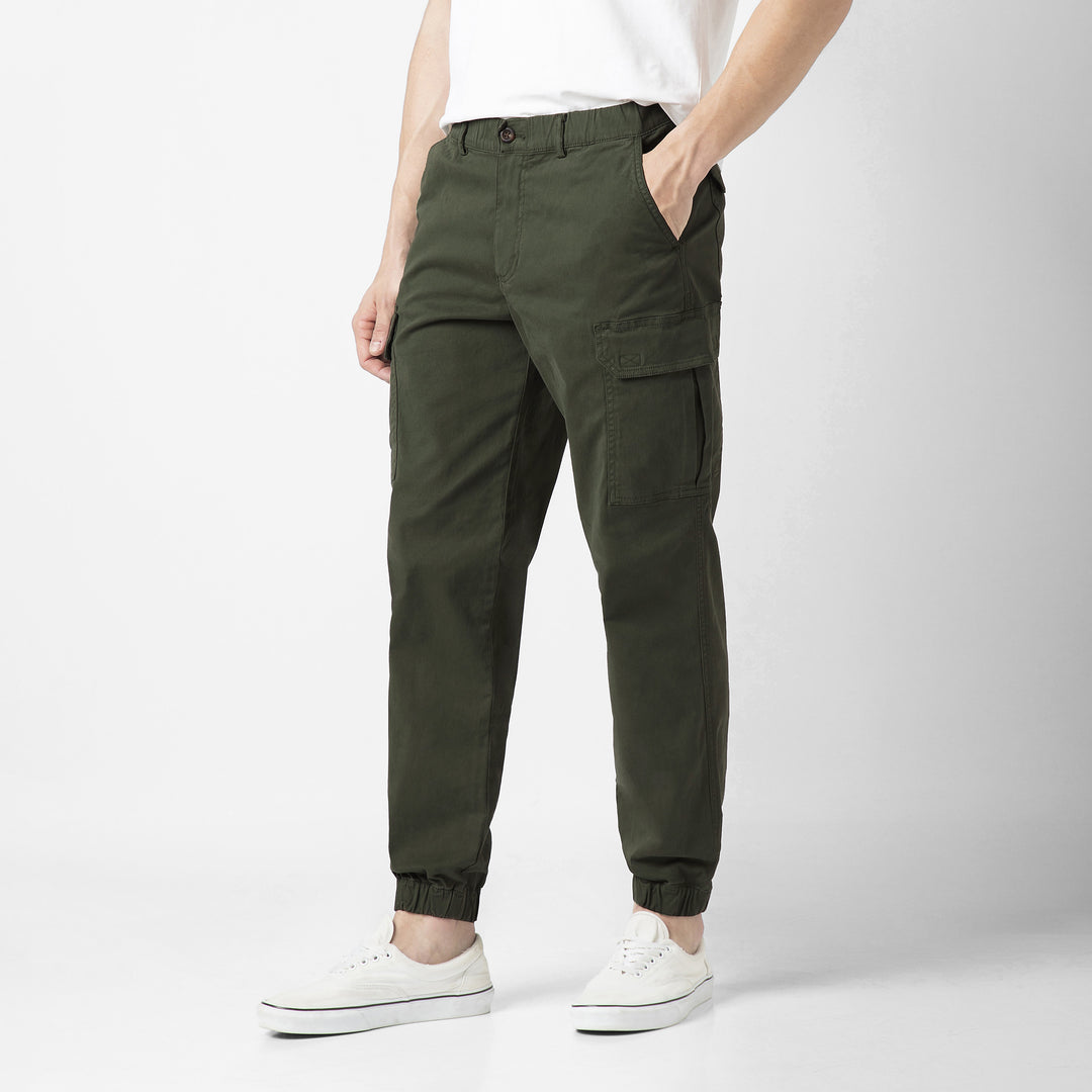Stretch Cargo Jogger Military Green front on model