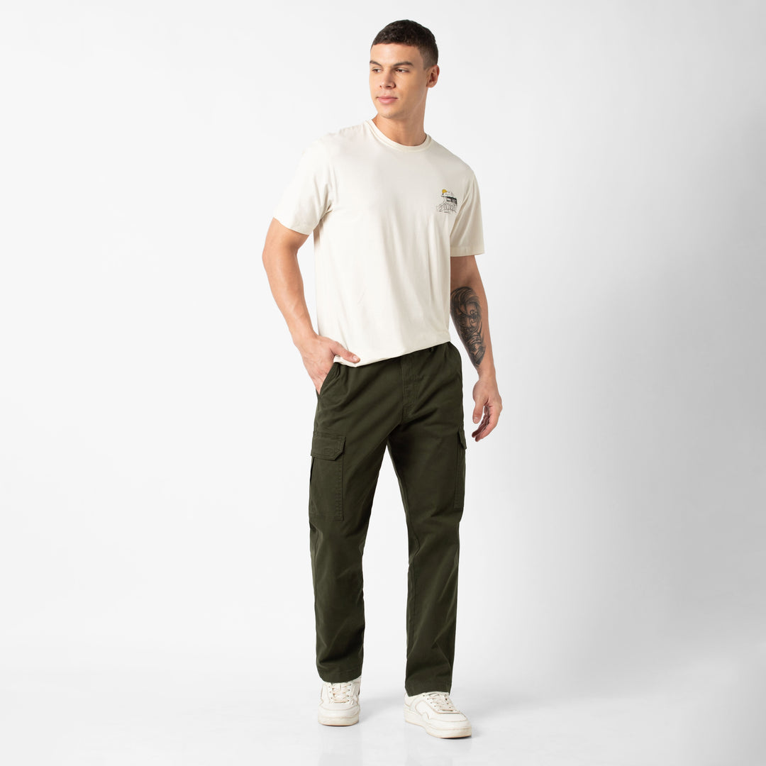 Stretch Cargo Pant Dark Pine full body on model