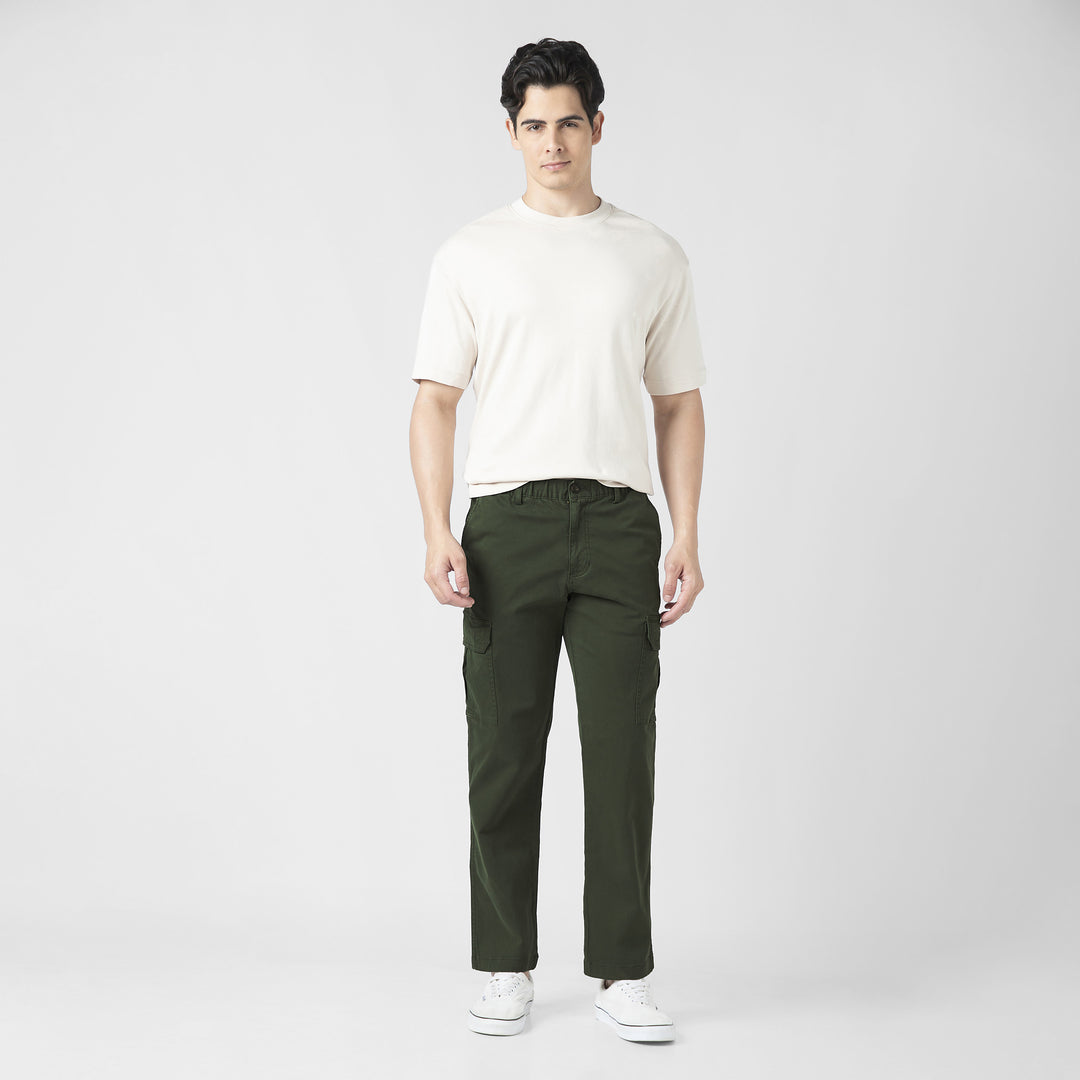 Stretch Cargo Pant Military Green full body on model