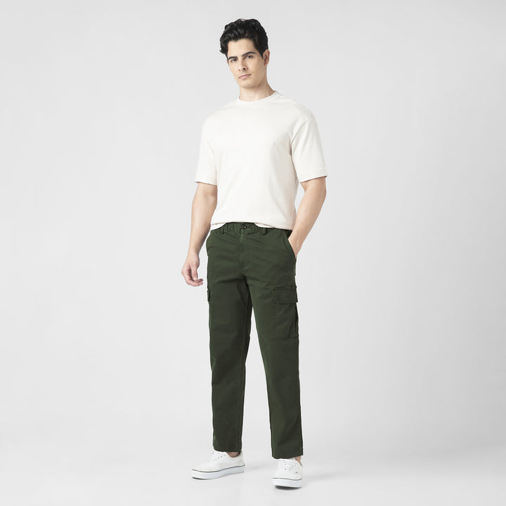 Stretch Cargo Pant Military Green full body side on model