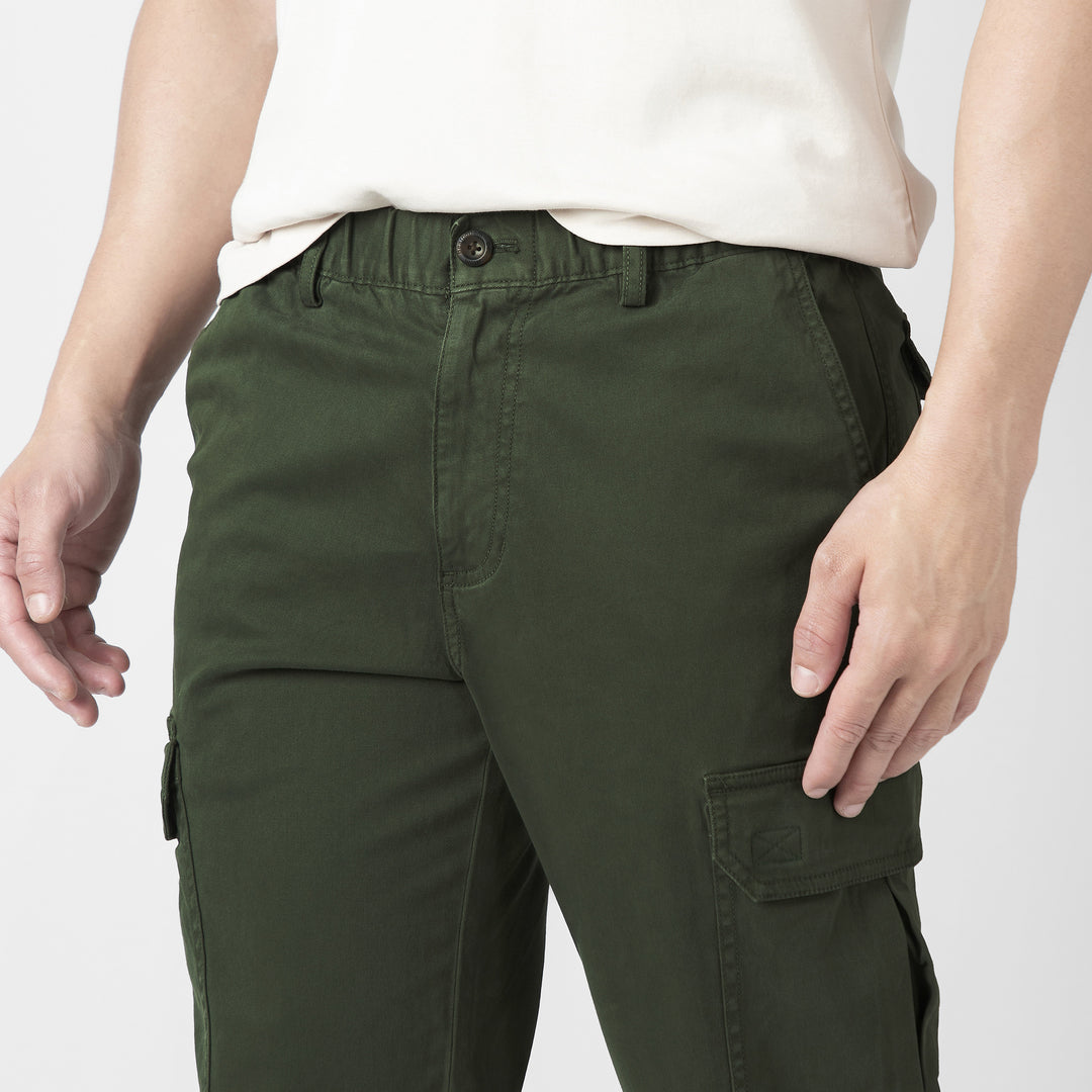 Stretch Cargo Pant Military Green close up front velcro pocket
