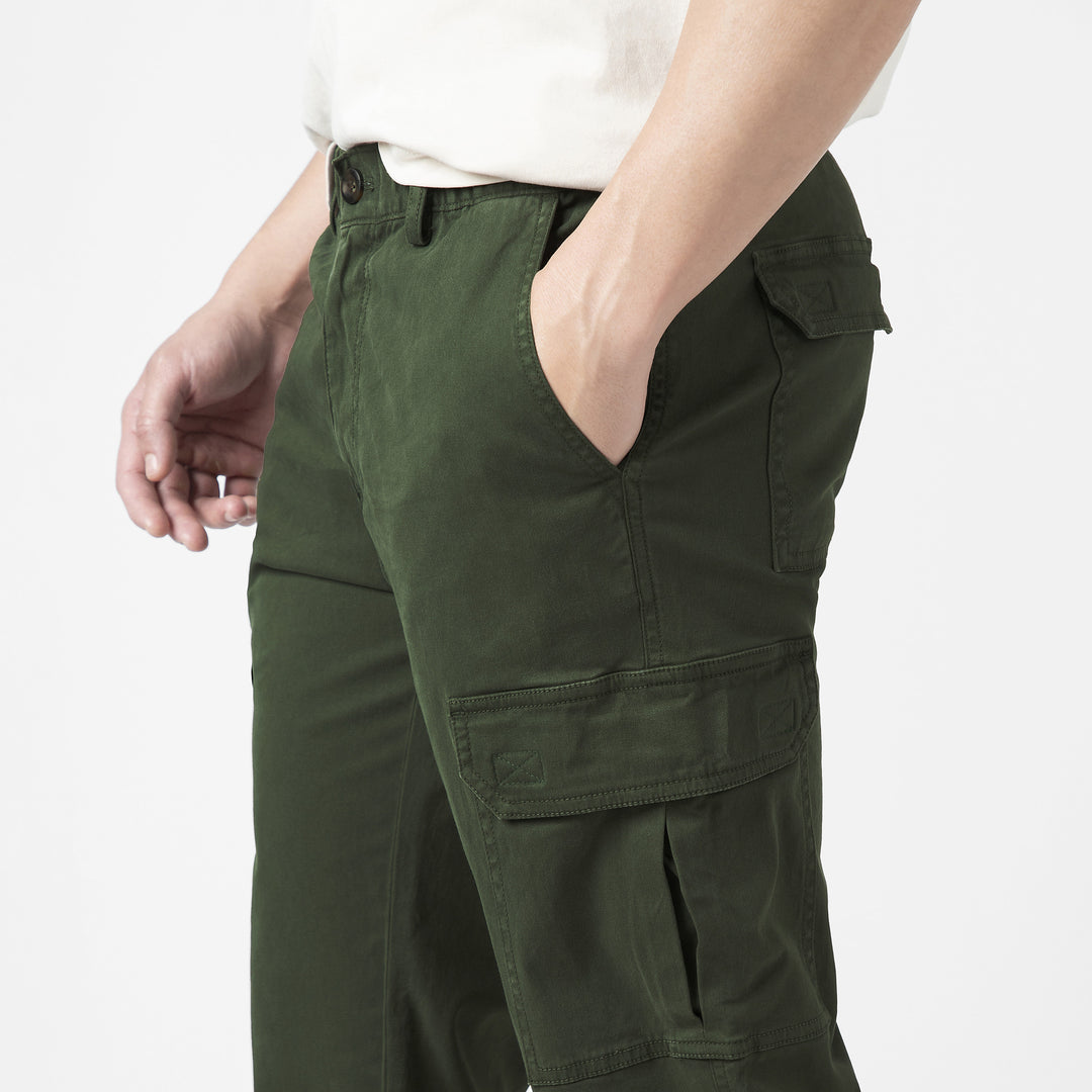 Stretch Cargo Pant Military Green close up side velcro pocket