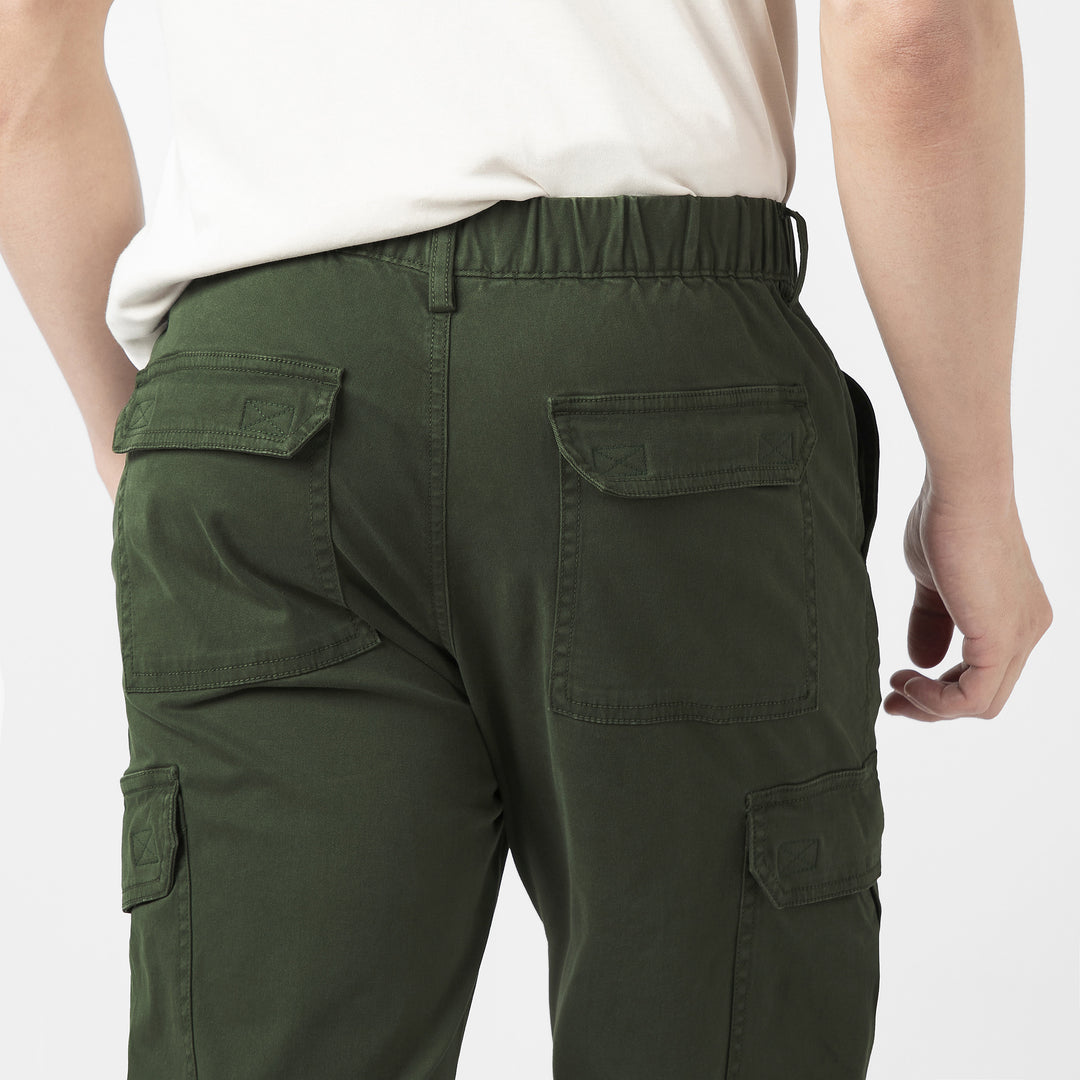 Stretch Cargo Pant Military Green close up back velcro pockets