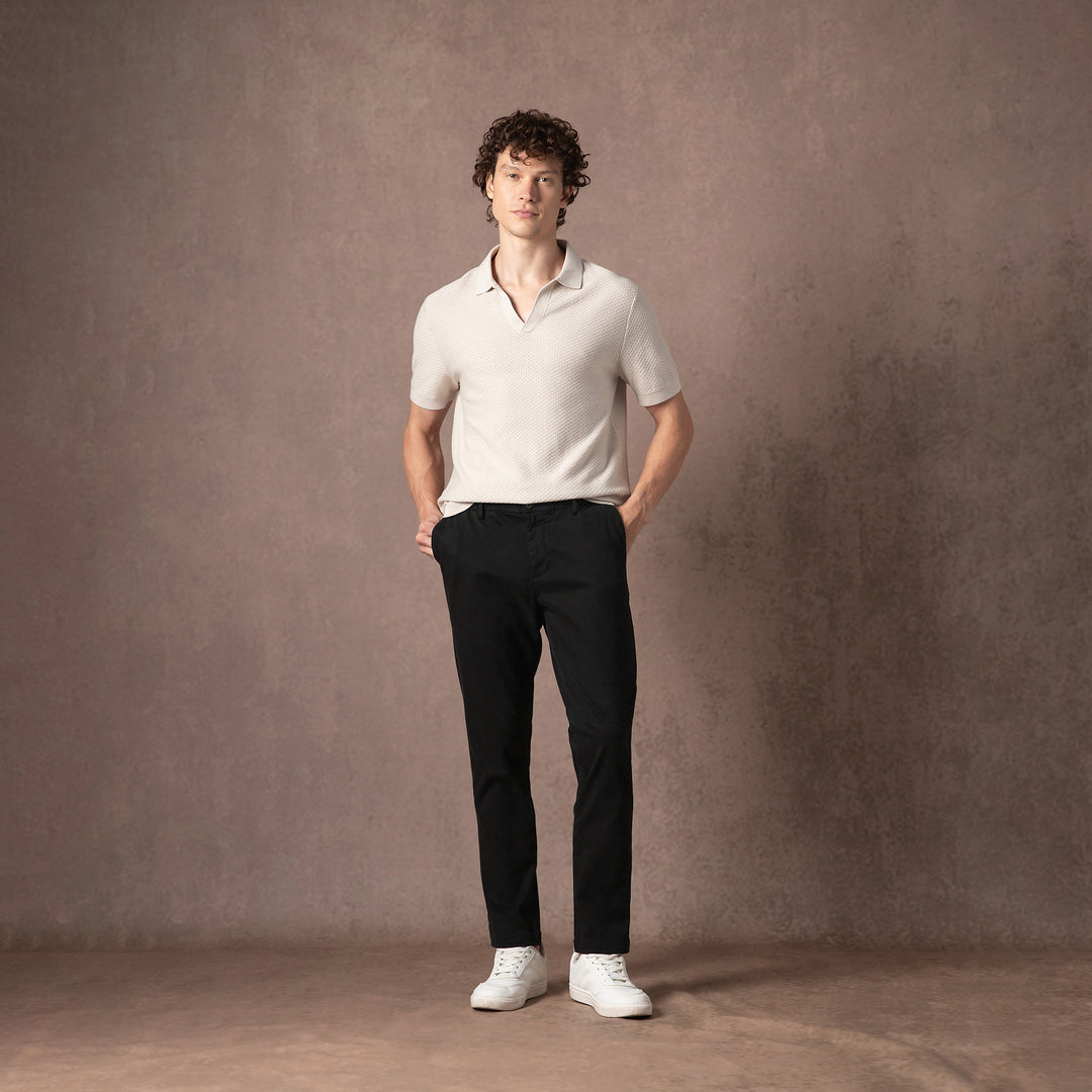 Stretch Chino Pant Black full body on model with backdrop