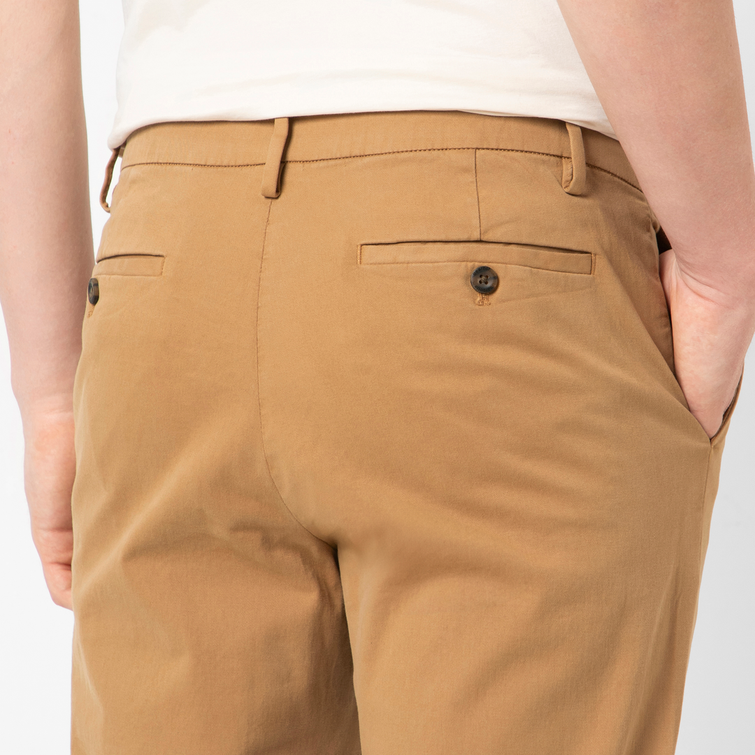 Stretch Chino Pant Camel back close up on model