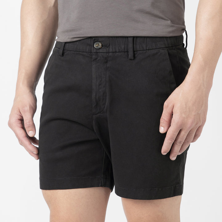 Stretch Chino Short 5" Black close up front on model