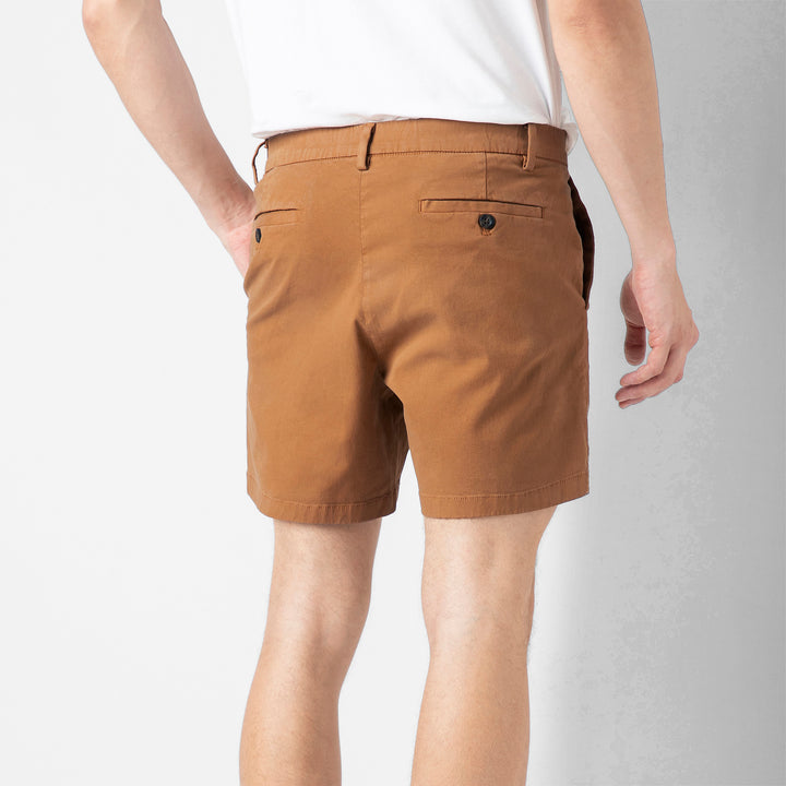 Stretch Chino Short Dark Clay back on model