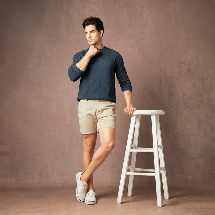 Stretch Chino Short 5.5" Stone full body on model with backdrop