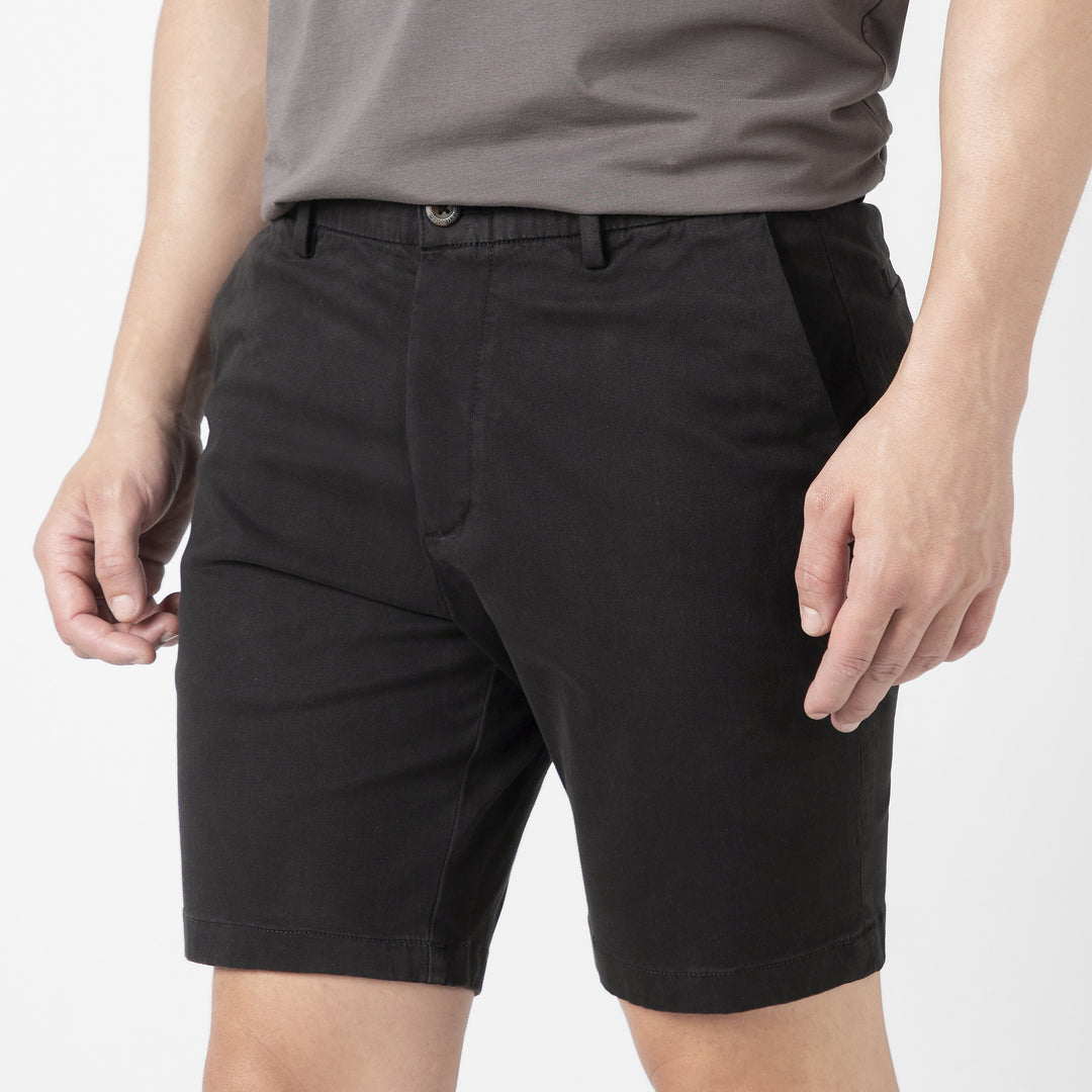 Stretch Chino Short 7" Black close up front on model