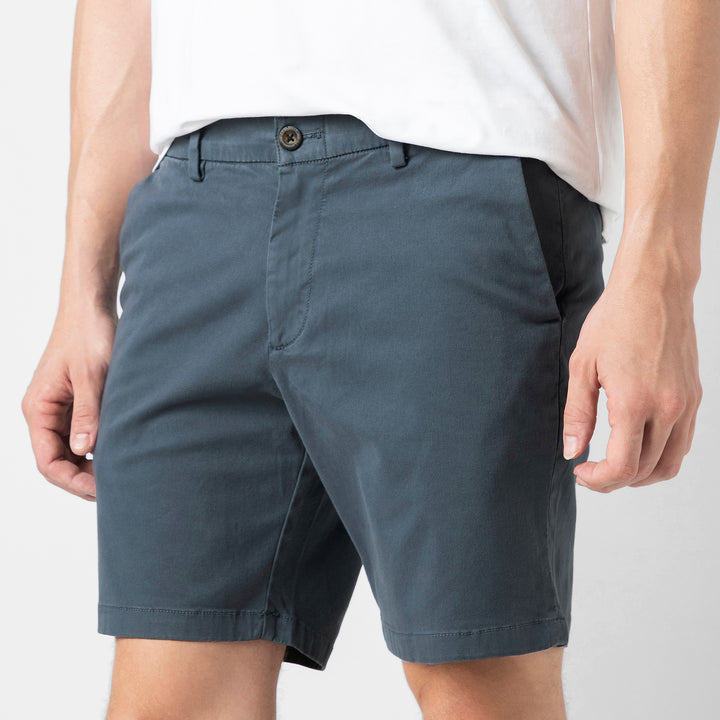 Stretch Chino Short 7" Flint close up front on model