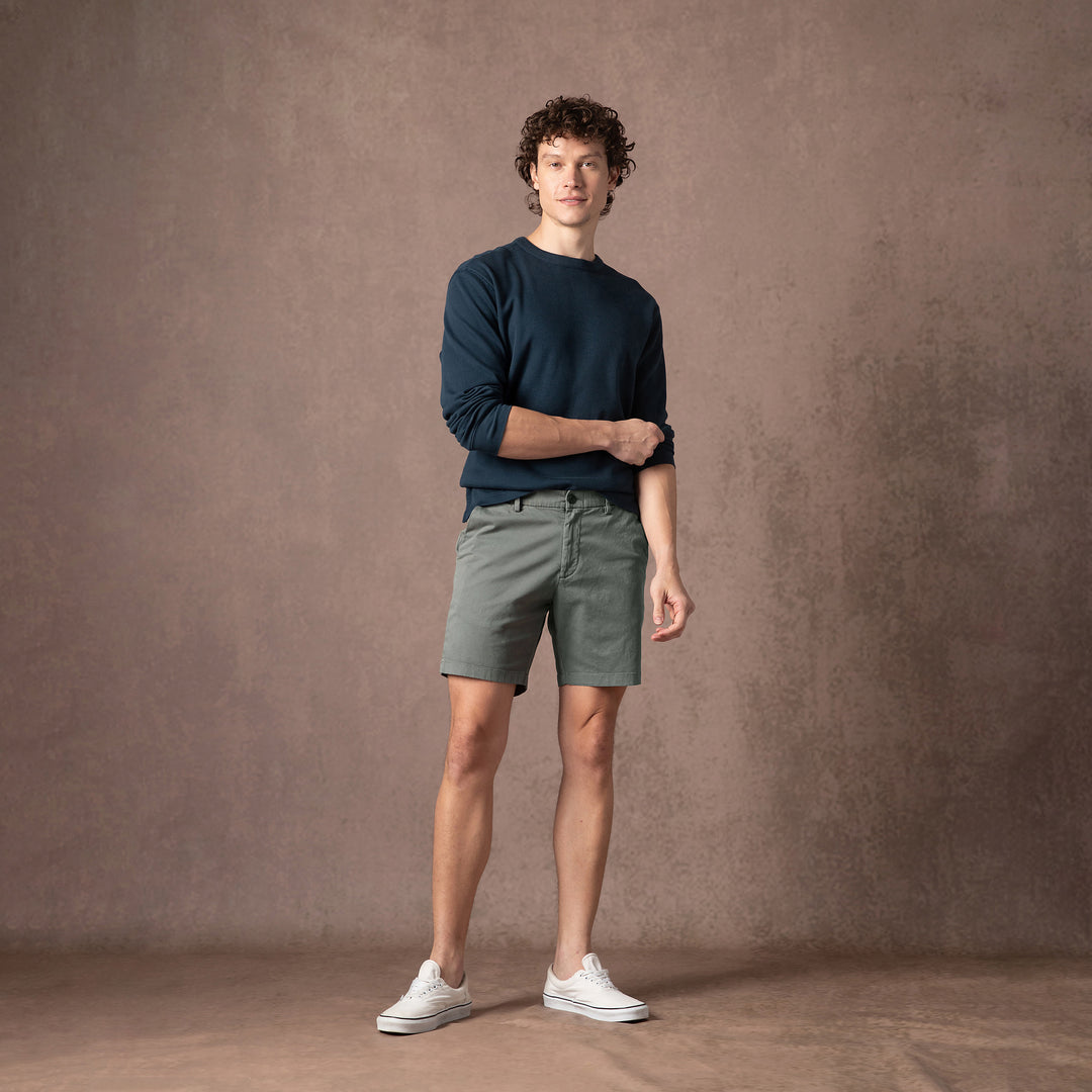 Stretch Chino Short 7" Grey full body on model with backdrop