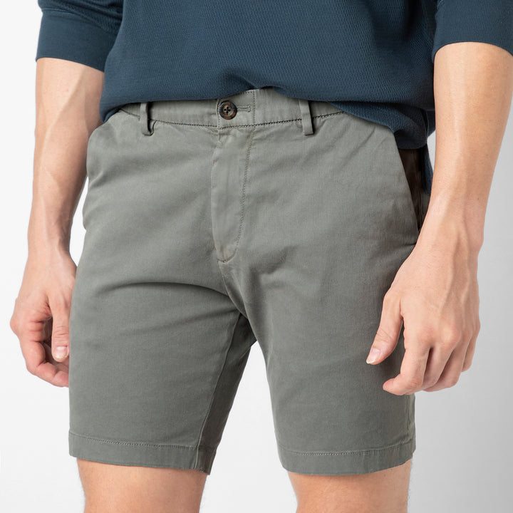 Stretch Chino Short 7" Grey close up front on model