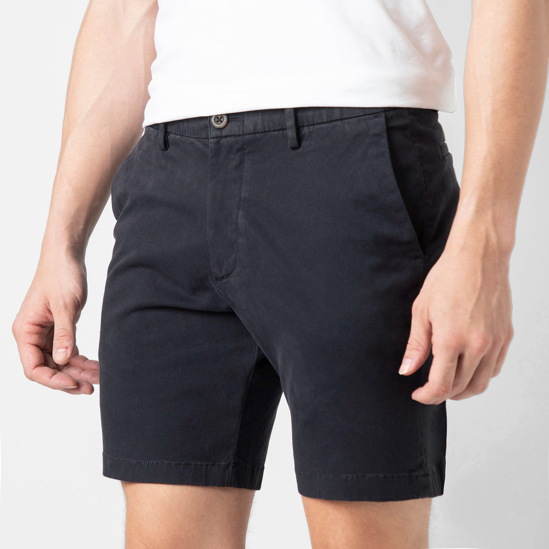 Stretch Chino Short 7" Navy close up front on model