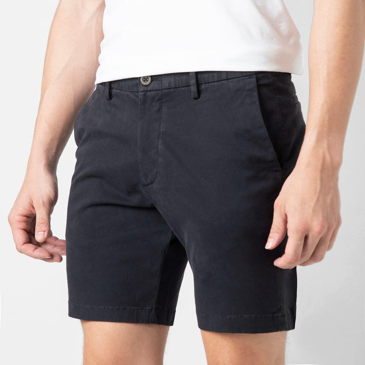 Stretch Chino Short 7" Navy close up front on model