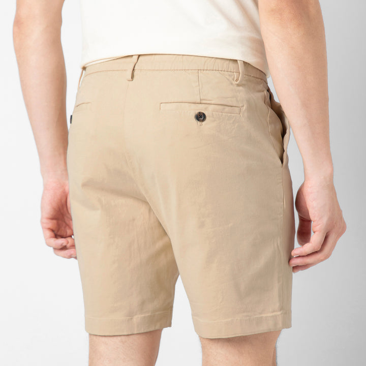 Stretch Chino Short 7" Sand Dune close up back on model