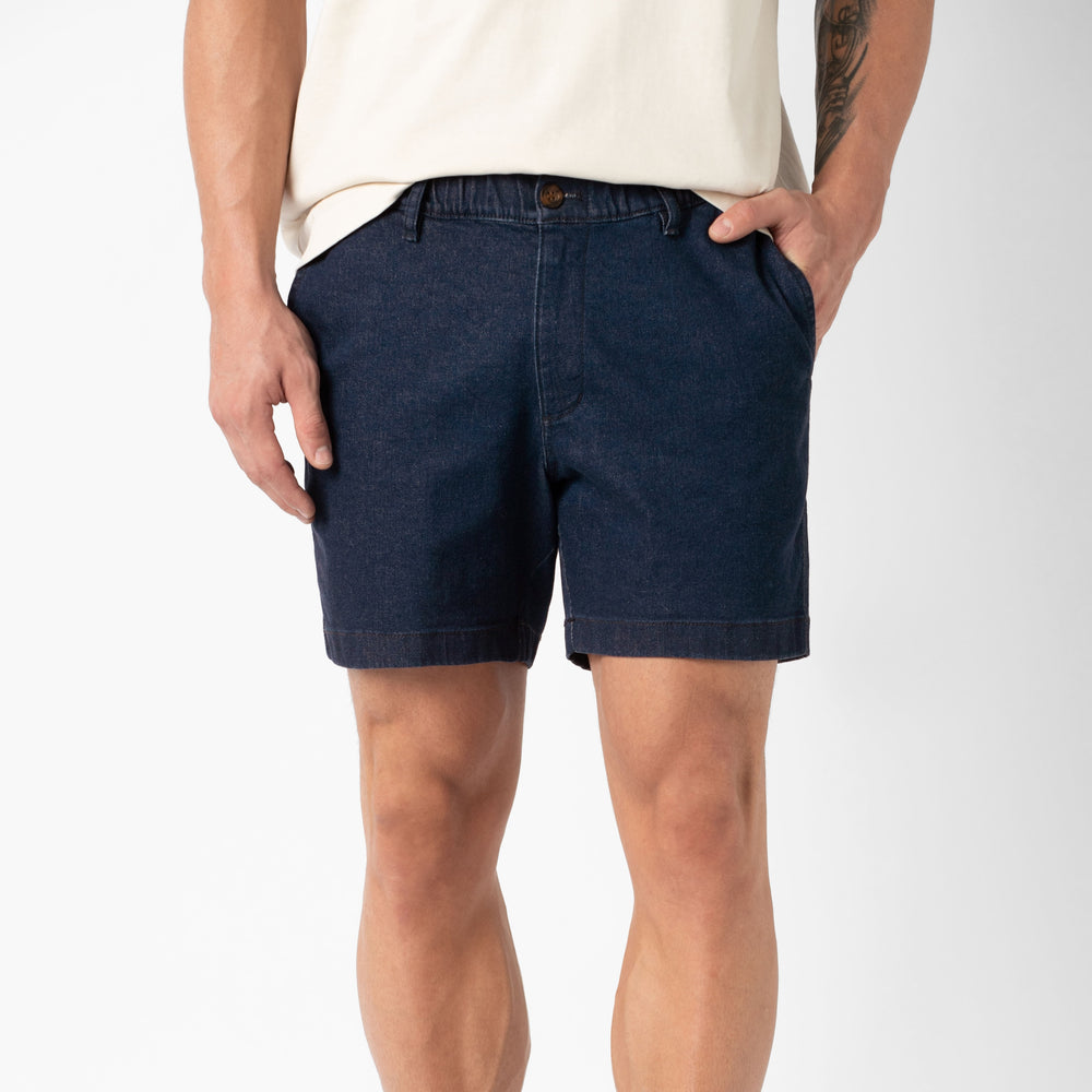 Stretch Denim Short in Dark Wash front on model