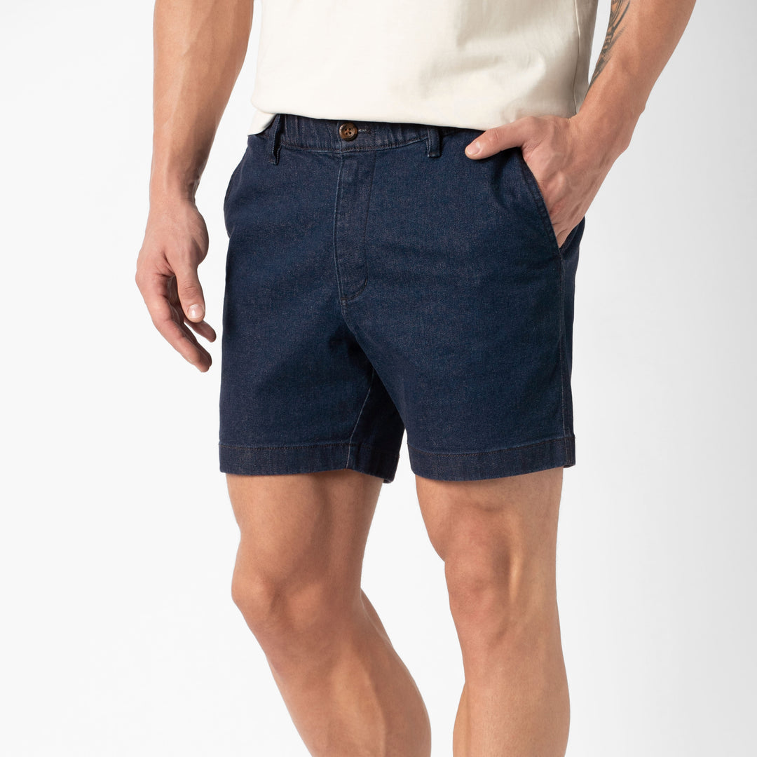 Stretch Denim Short Dark Wash side on model