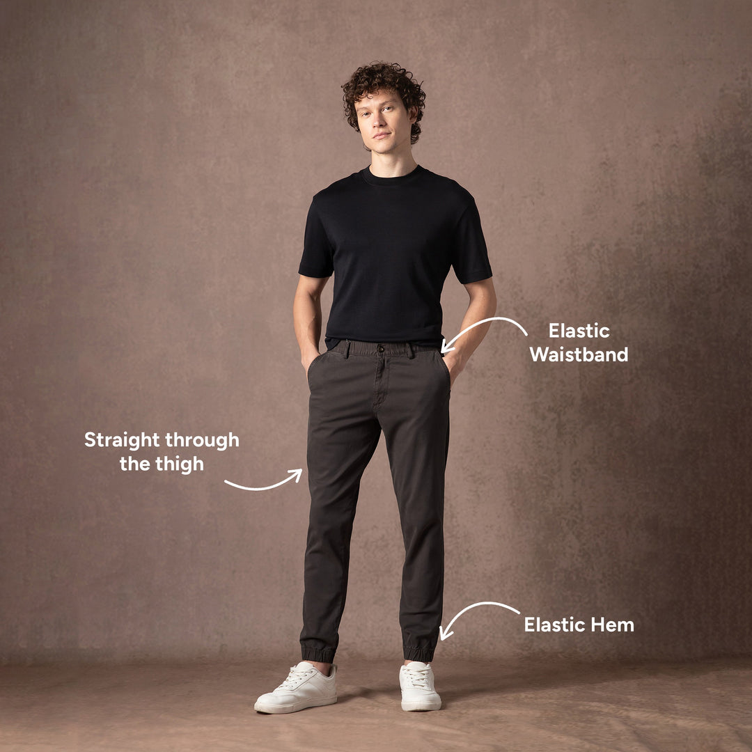 A man modeling the Stretch Joggers in Coal with text call outs highlighting features.