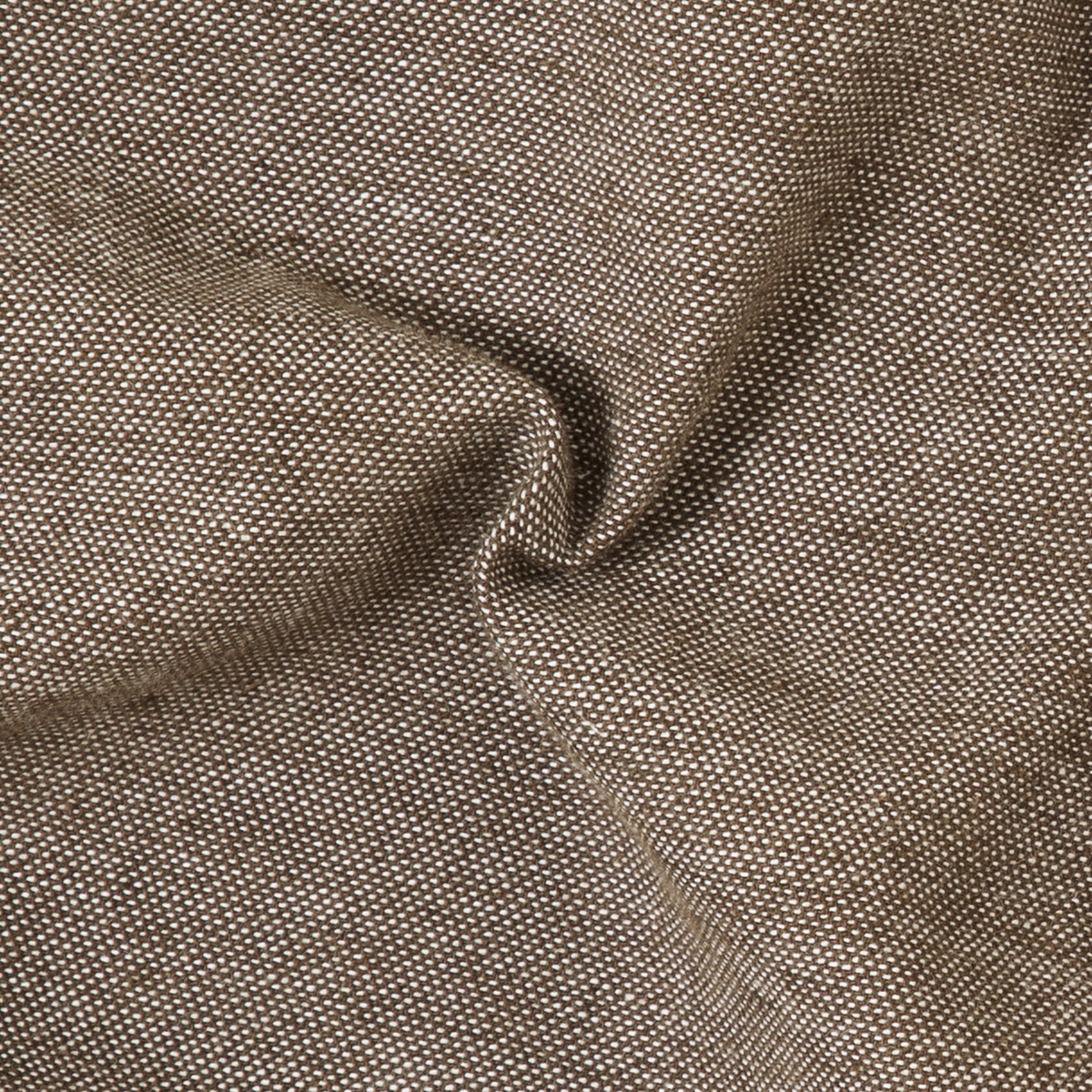 Close-up of lightweight brown European linen fabric from the Stretch Linen Short, featuring a tightly woven texture with small white specks and a gentle swirl in the center.